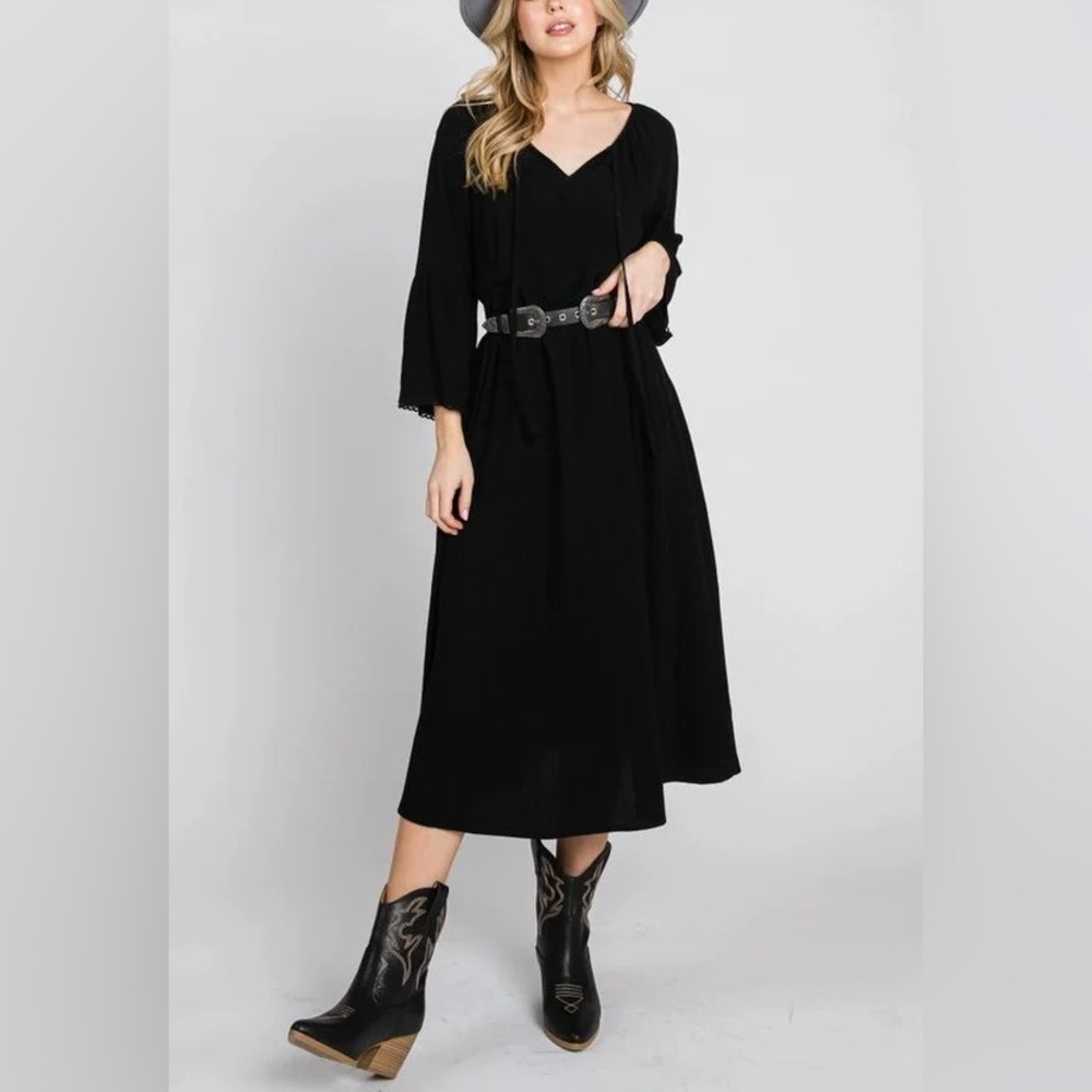 NWT Women’s Linen Blend Black Midi Boho Dress